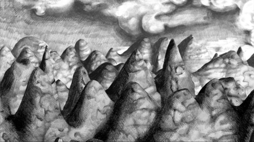 screen shot from Foodstuffs of pencil drawn mountains and clouds